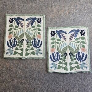 Boho Embroidered Pillow Covers Pair 17x17 Cream Floral Bird Motif Cottage Folk